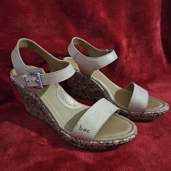 BOC Women Leather Platform Wedge Heel Sandal-Size 7M, Color-Stone/Beige - Picture 3 of 10